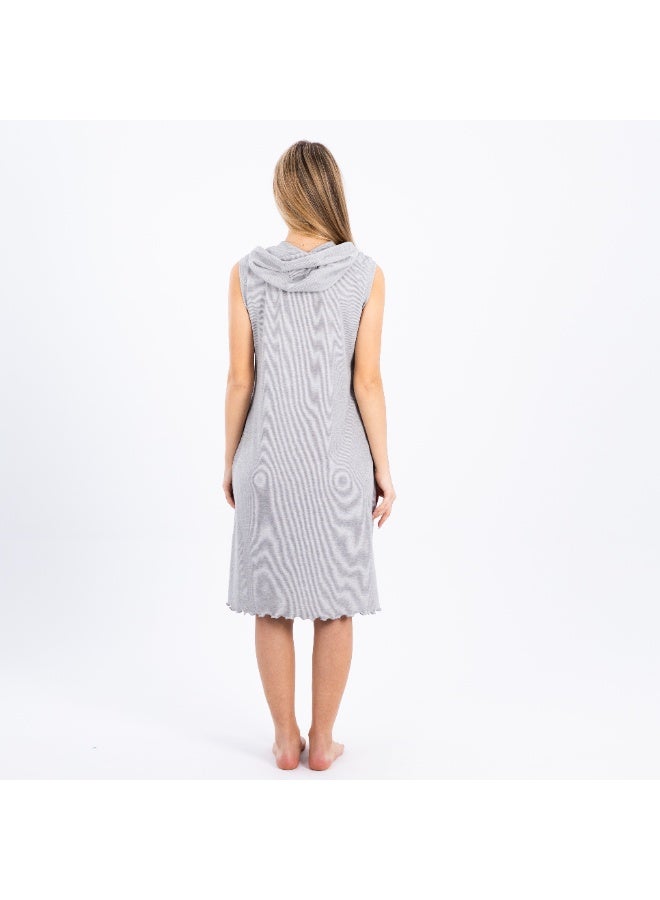 zecotex  Women's Ribbed Cotton Hooded Home Dress - Sleeveless Loungewear with Embroidered Neckline - Light Grey. - Image 4